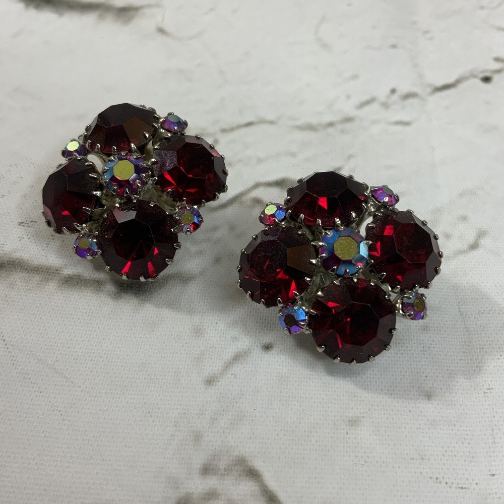 Clip On Earrings Large Dark Red Rhinestones Clustered Geometric Cross Fashion